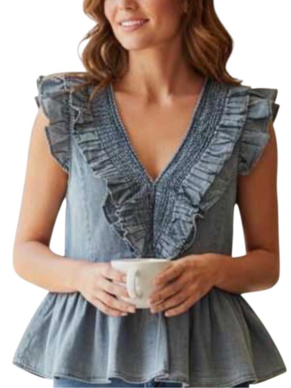 Mare Mare Anthropologie Ruffled V-Neck Peplum Light Denim Blue NWT